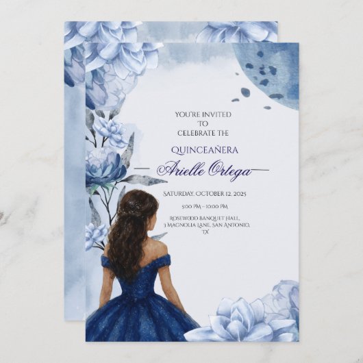 Editable Elegant Blue Quinceñera Einladung (Vorne/Hinten)