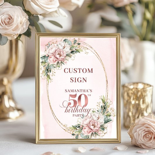 Editable Elegant Blush Floral 50th Birthday Custom Poster
