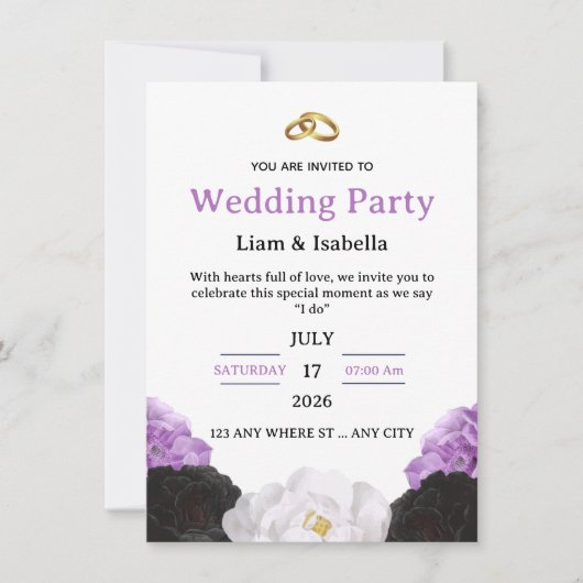Editable Elegant Purple Floral Wedding Invitation Einladung (Vorderseite)