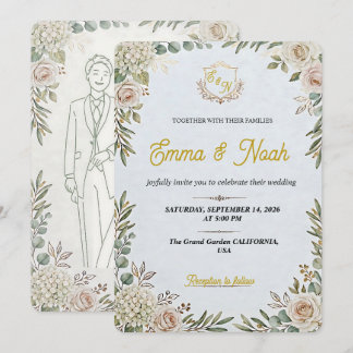 Editable Elegant Sage Gold Wedding Invitation Einladung