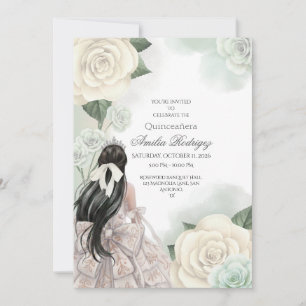Editable Elegant White Gold Quinceñera Einladung