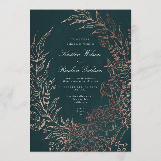 Editable Emerald Blume Wreath Copper Foil Wedding Einladung (Vorderseite)