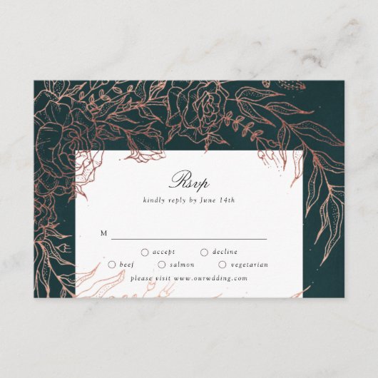 Editable Emerald Blume Wreath Copper Foil Wedding RSVP Karte (Vorderseite)