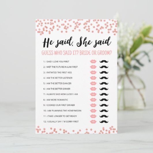 Editable Er sagte: "Sie sagte Brautparty Game Card Einladung (Stehend Vorderseite)