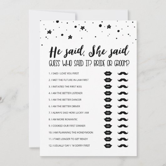 Editable Er sagte: "Sie sagte Brautparty Game Card Einladung (Vorderseite)