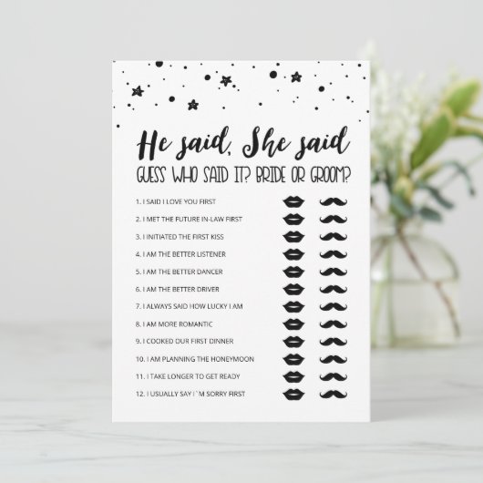 Editable Er sagte: "Sie sagte Brautparty Game Card Einladung (Stehend Vorderseite)