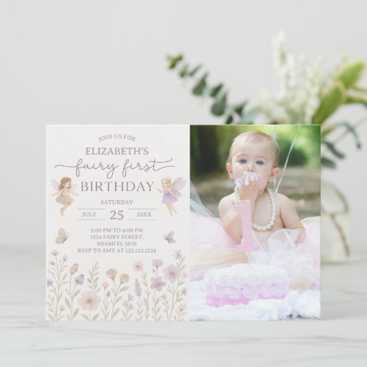 Editable Fairy First Birthday Einladung (Stehend Vorderseite)