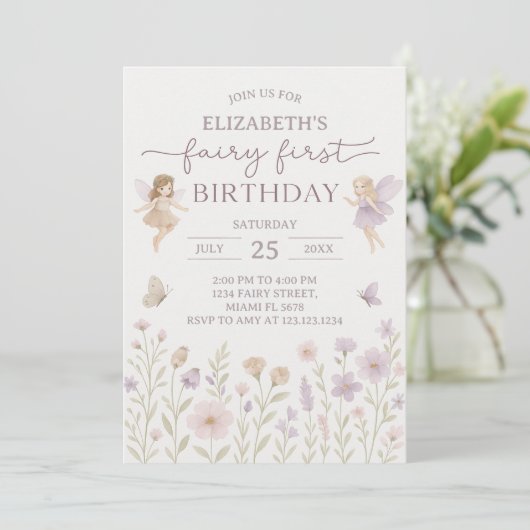 Editable Fairy First Birthday Einladung (Stehend Vorderseite)