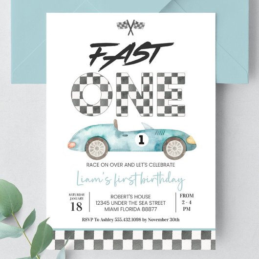 Editable Fast ONE Birthday Einladungs Race Car 1. Einladung