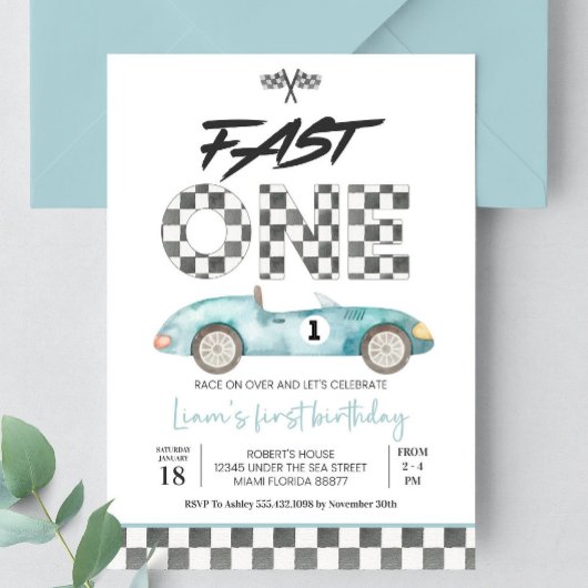 Editable Fast ONE Birthday Invitation Race Car 1st Einladung