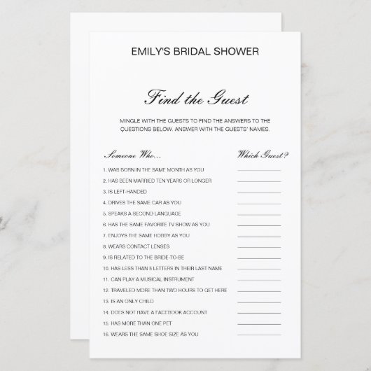 Editable Find the Guest Brautparty Game (Vorne/Hinten)