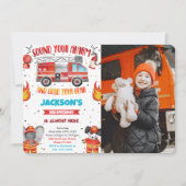 Editable Fire Truck Birthday Foto Einladungen (Vorderseite)