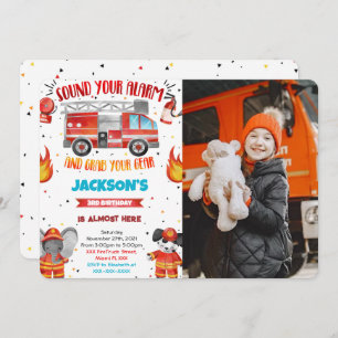 Editable Fire Truck Birthday Foto Einladungen