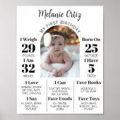 EDITABLE First Birday One Year Foto Baby Board Poster (Vorne)