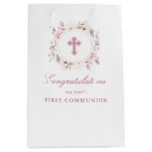 Editable First Communityrosa Blume Cross Mittlere Geschenktüte (Vorderseite)