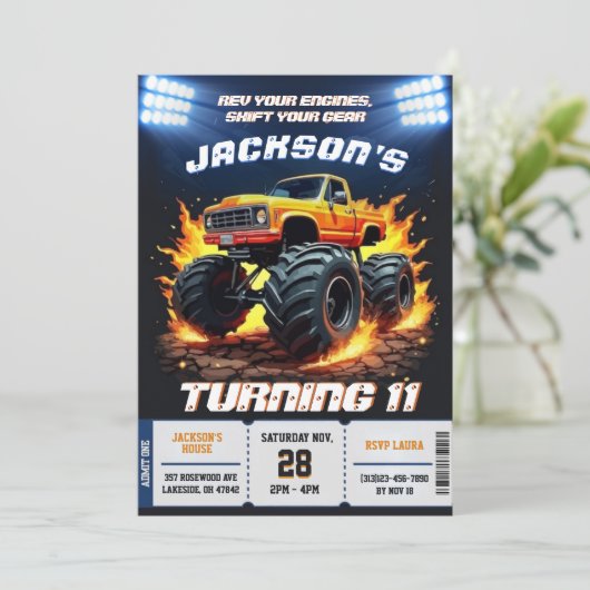 Editable Flame Monster Truck Birthday Einladung (Stehend Vorderseite)
