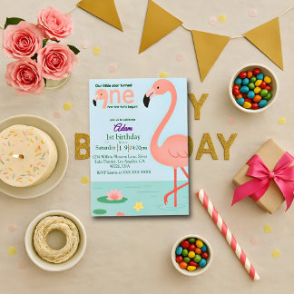 Editable Flamingo Einladung zum ersten Geburtstag