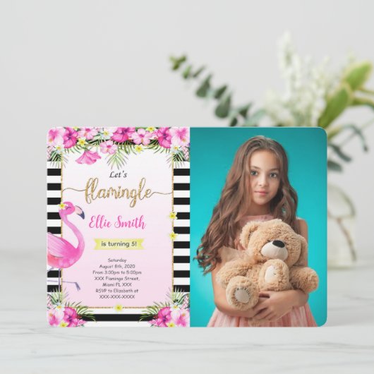 Editable Flamingo Foto Einladung (Stehend Vorderseite)