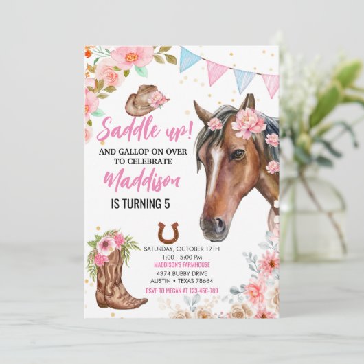 Editable Floral Cowgirl Horse Birthday Einladung (Stehend Vorderseite)