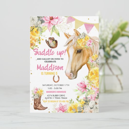 Editable Floral Cowgirl Horse Birthday Einladung (Stehend Vorderseite)