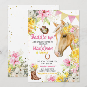 Editable Floral Cowgirl Horse Birthday Einladung