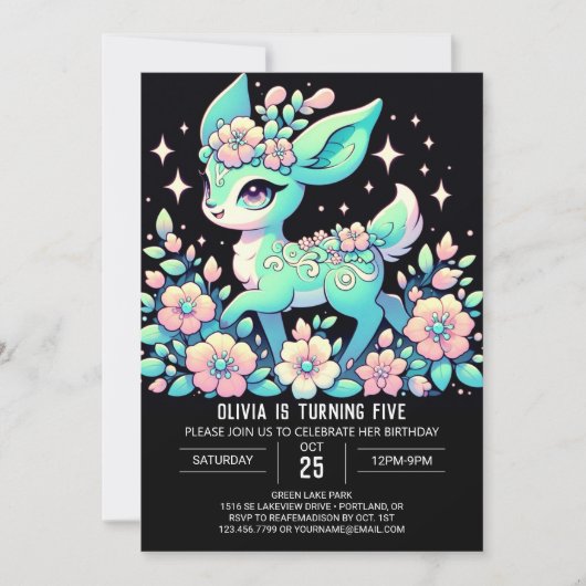 Editable Floral Deer Digital Geburtstag Einladung (Vorderseite)