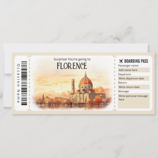 Editable Florenz Flugzeug Ticket, Italien Trip Einladung (Vorderseite)