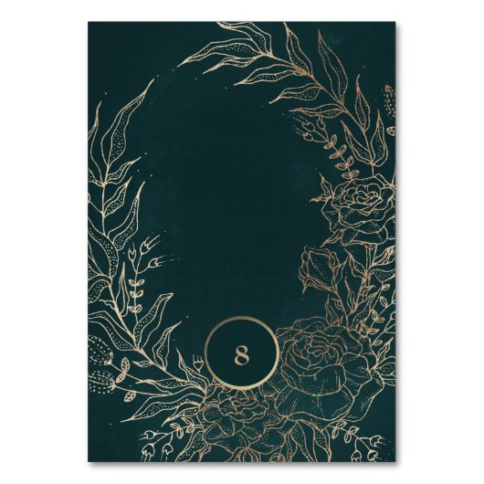Editable Foil Gold Emerald Wreath Wedding Tischnummer (Rückseite)