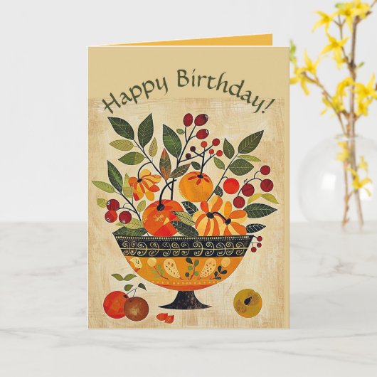 Editable Folk Art Bowl of Fruit Birthday Karte (Gelbe Blume)