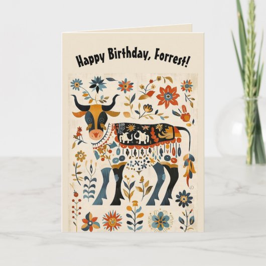 Editable Folk Art Bull und Blume Karte (Vorderseite)