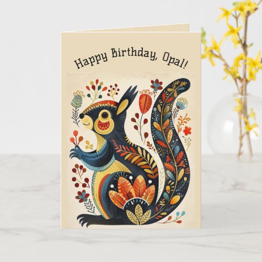 Editable Folk Art Eichhörnchen Karte (Gelbe Blume)