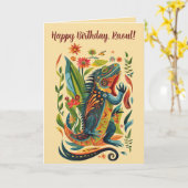 Editable Folk Art Iguana Karte (Gelbe Blume)