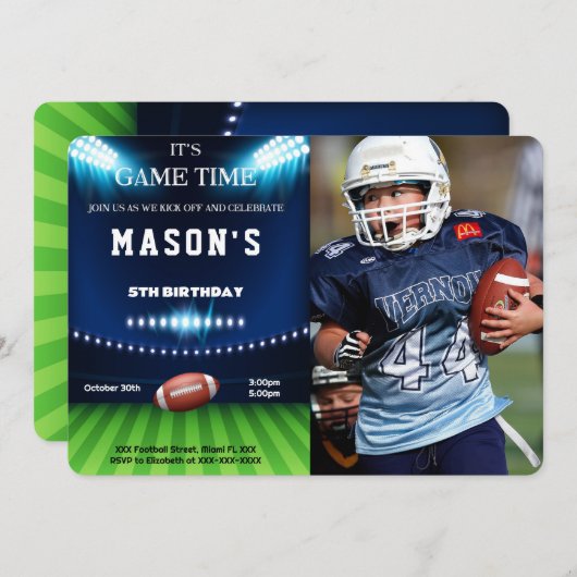 Editable Football Birthday Foto Einladung (Vorne/Hinten)