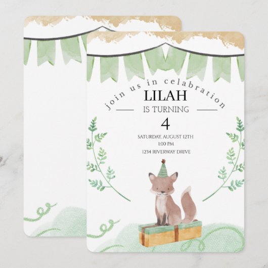 Editable Fox Birthday Einladung | Waldtier (Vorne/Hinten)
