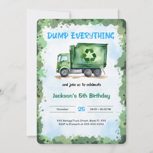 Editable Garbage Truck Birthday Party Einladung (Vorderseite)