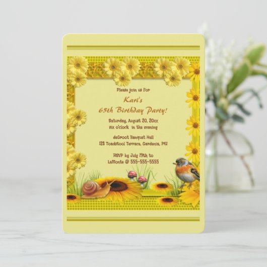 Editable Garden Sunflowers Daisies Toadstool Robin Einladung (Stehend Vorderseite)