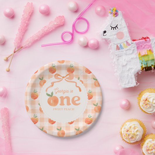 Editable Gingham Peach Paper Plates Pappteller (Party)