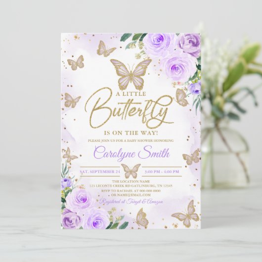Editable Girl Lila Butterfly Babydusche Einladung (Stehend Vorderseite)