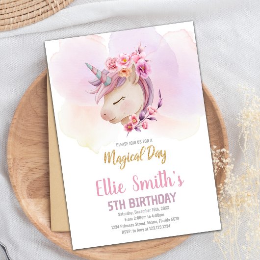 Editable Girl's Magical Party Card mit Gold Accen Einladung