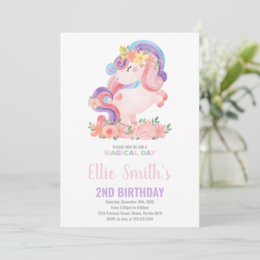 Editable Girl's Magical Party Card mit Regenbogen Einladung (Stehend Vorderseite)