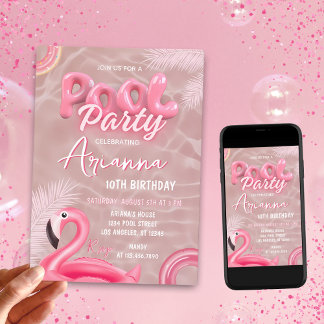 Editable Girls Pink Pool Party Geburtstag Einladung