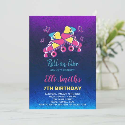 Editable Girls Roller Skate Party laden Einladung (Stehend Vorderseite)
