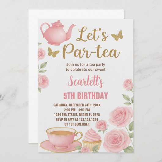 Editable Girl's Tea Party Einladung (Vorne/Hinten)