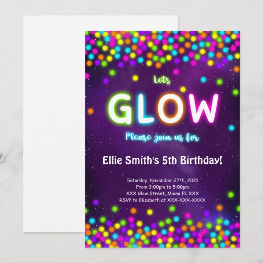 Editable Glow Birthday Einladung (Vorne/Hinten)