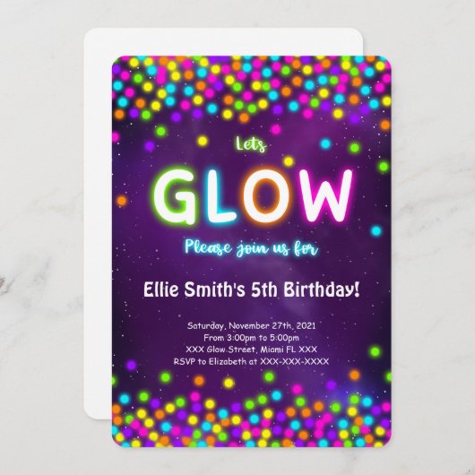 Editable Glow Birthday Einladung (Vorne/Hinten)