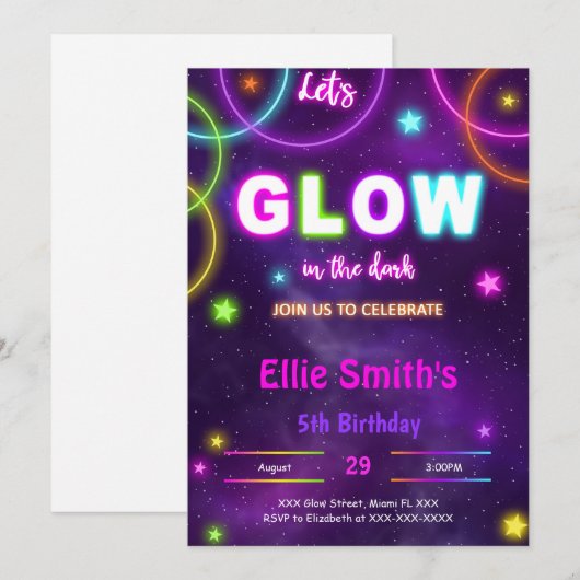 Editable Glow Birthday Einladung (Vorne/Hinten)