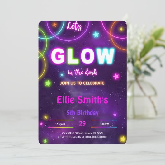Editable Glow Birthday Einladung (Stehend Vorderseite)
