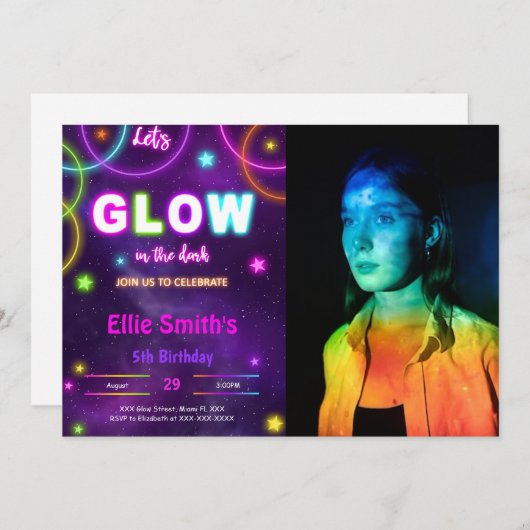 Editable Glow Birthday Foto Einladung (Vorne/Hinten)