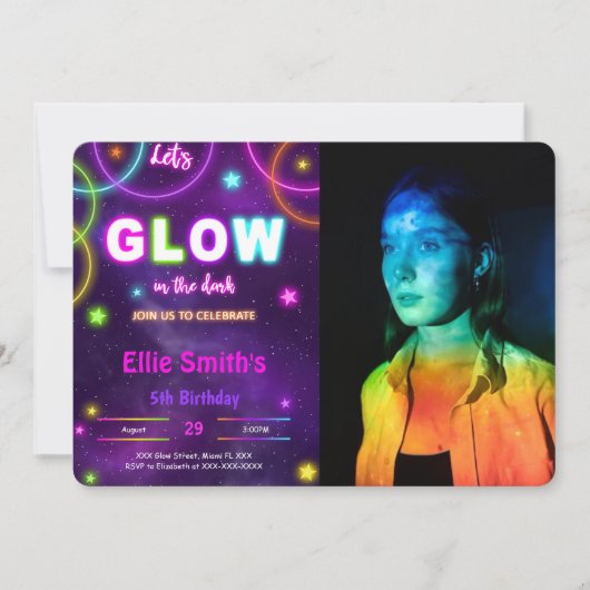 Editable Glow Birthday Foto Einladung (Vorderseite)