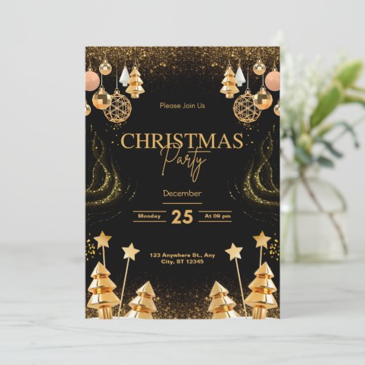 Editable Gold Christmas Party Holiday Einladung (Stehend Vorderseite)